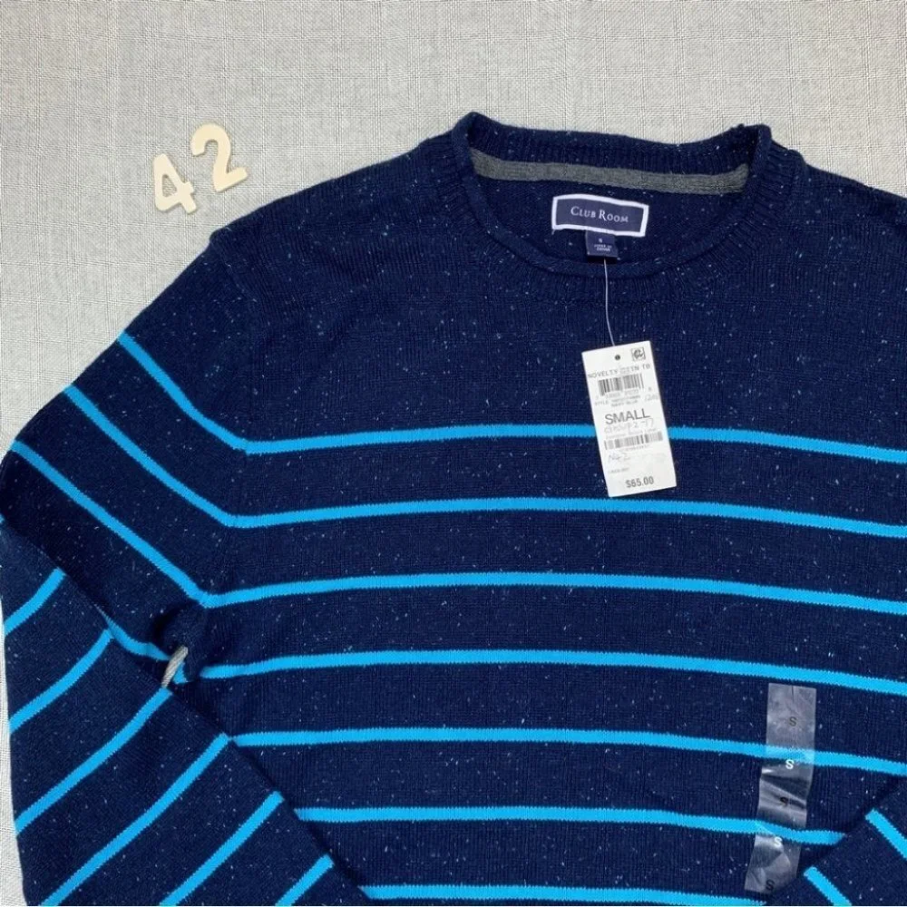 Club Room Mens Gregor Striped Crew Neck Classic Fit Pullover Sweater Navy Blue S
